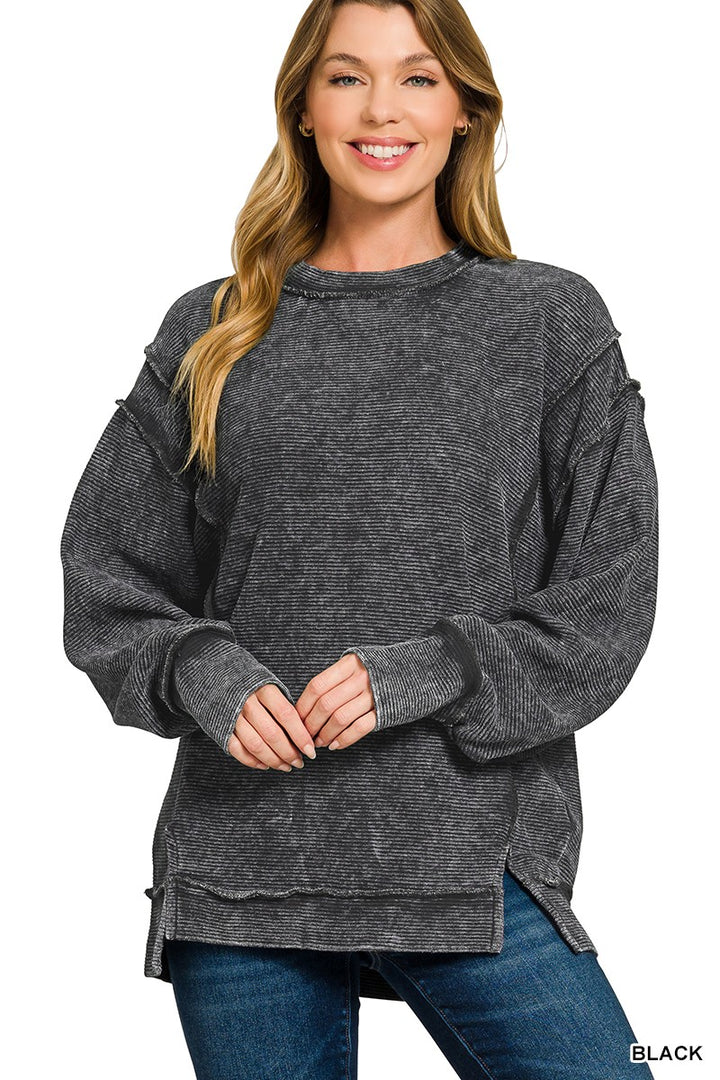 Black Zenana Acid Washed Double Ribbed Exposed Seam Sweatshirt