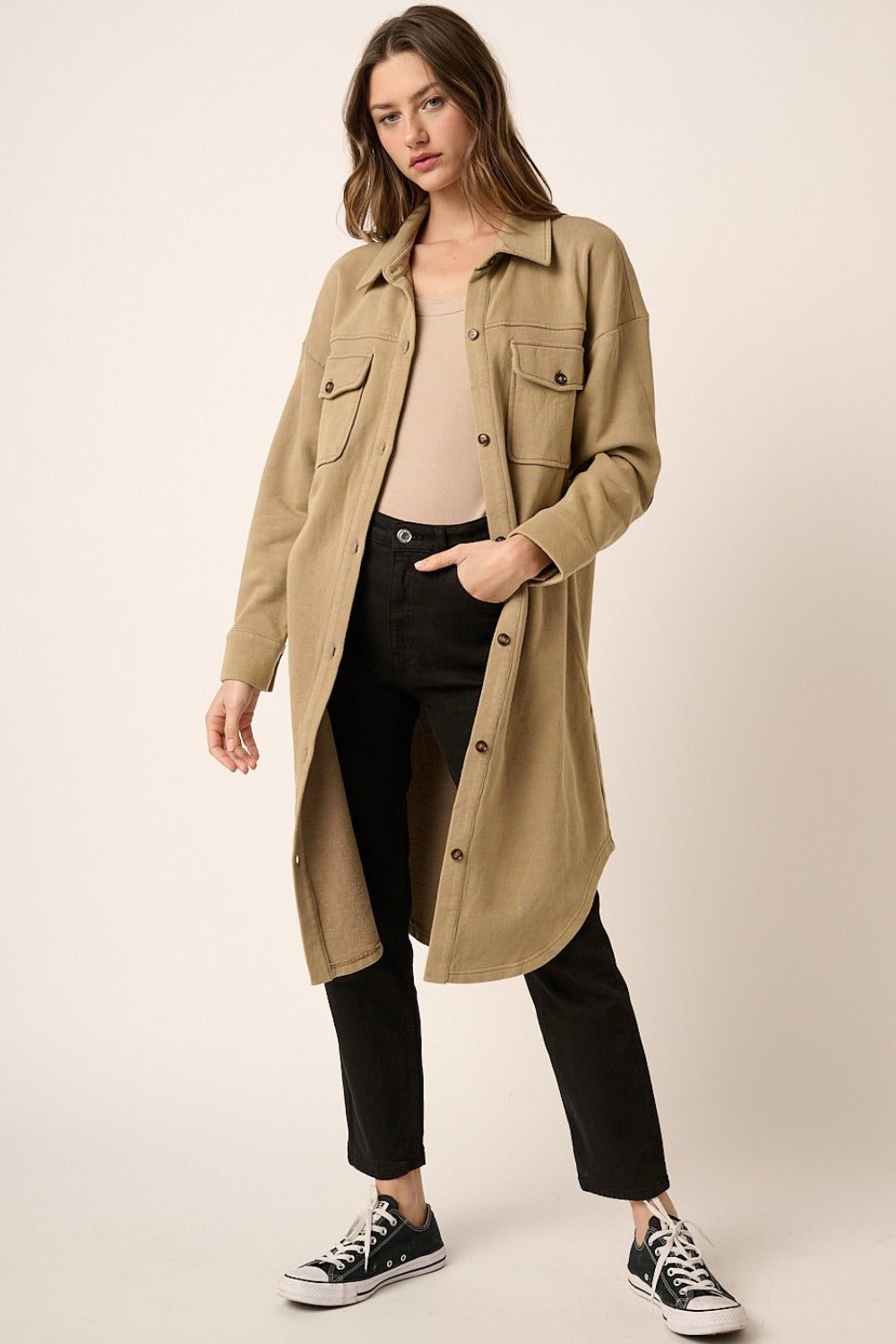 Taupe Mittoshop Acid Wash French Terry Longline Shacket
