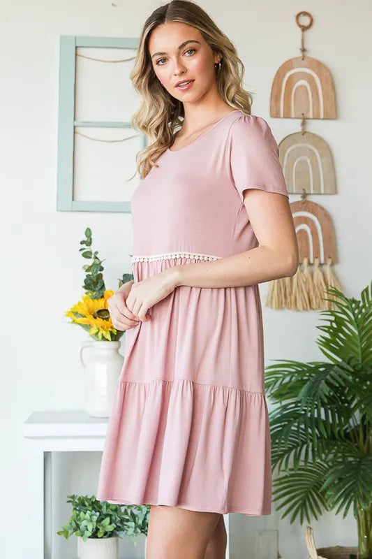 Heimish Full Size Solid Mini Tiered Dress With Pompom Lace Plus Size