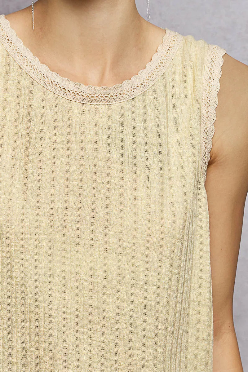 Pol Ribbed Round Neck Tank With Lace Trim 1