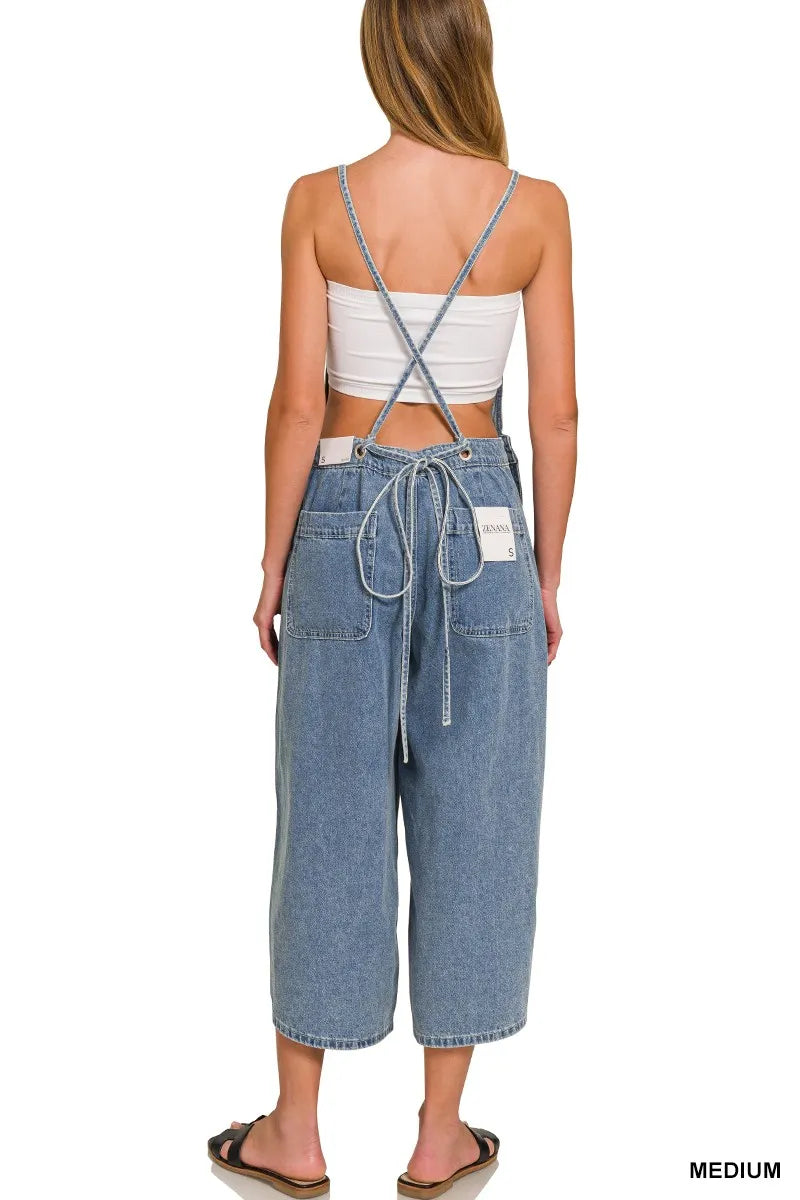 Zenana Denim Medium Washed Wide Leg Overalls