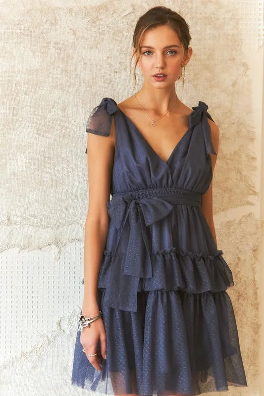 Dark Navy Adora Tie Shoulder Polka Dot Mesh Dress