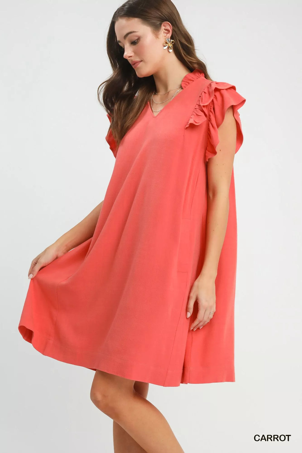 Carrot Umgee Linen Flutter Sleeve Shift Dress With Pockets 1