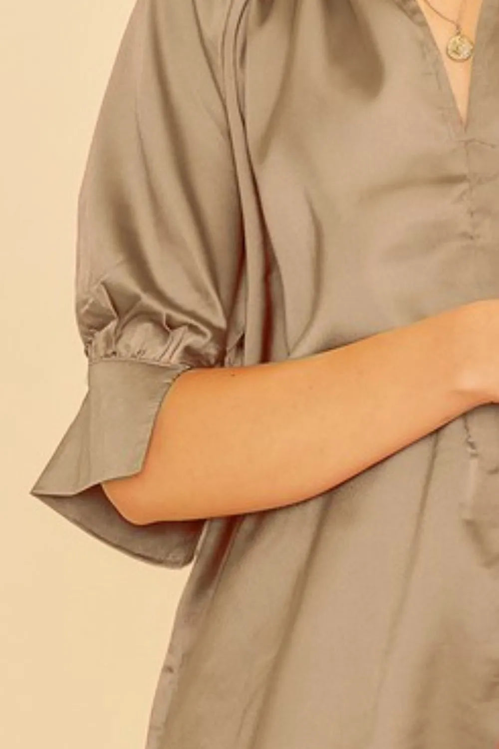 Mocha Annie Wear Satin V Neck Open Short Sleeve Woven Blouse Top 1