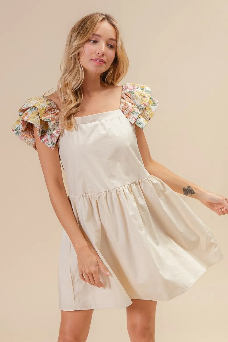Bibi Flower Embroidered Floral Print Sleeve Dress