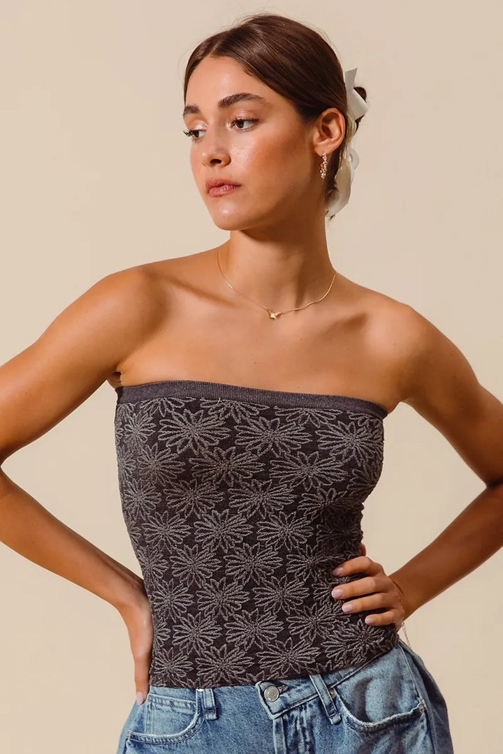 So Me Jacquard Floral Two Tone Seamless Tube Top 1