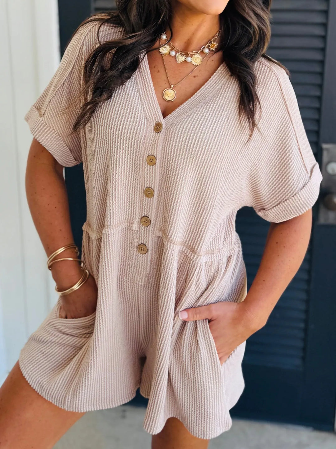 Beige Casual Button Front Ribbed Romper
