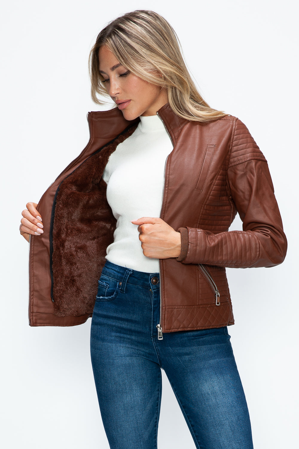 Ymi Faux Layered Double Zipper Jacket With Fuzzy Hood 5