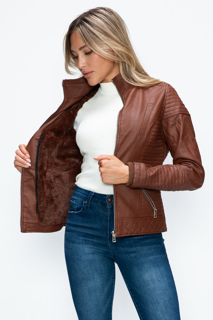 Ymi Faux Layered Double Zipper Jacket With Fuzzy Hood 5