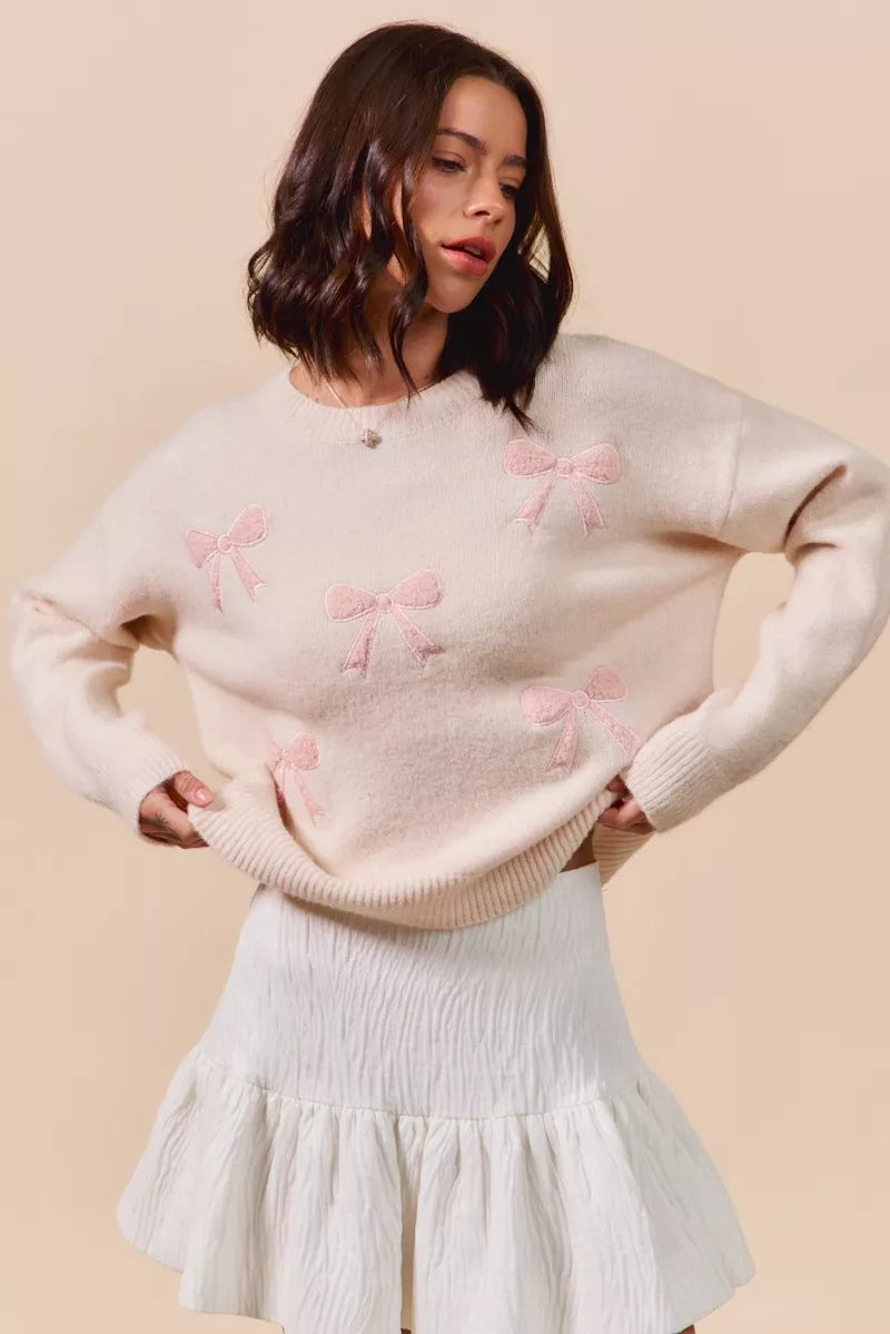 So Me Embroidered Ribbon Round Neck Sweater