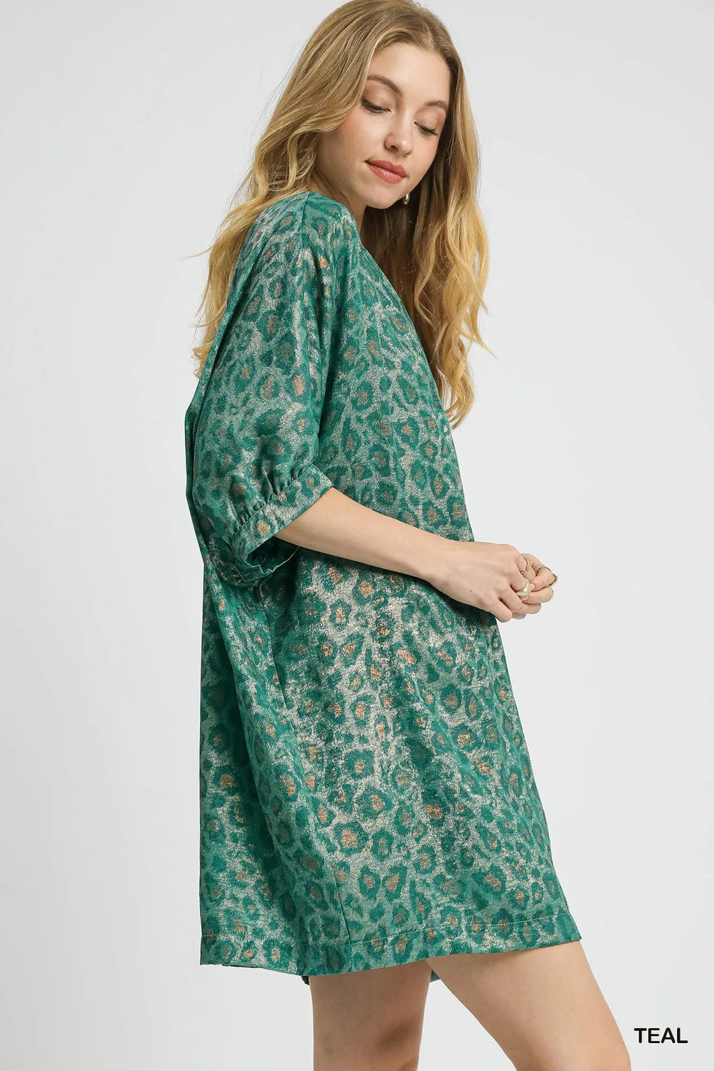 Teal Umgee Metallic Leopard Print V Neck Kimono Dress 1
