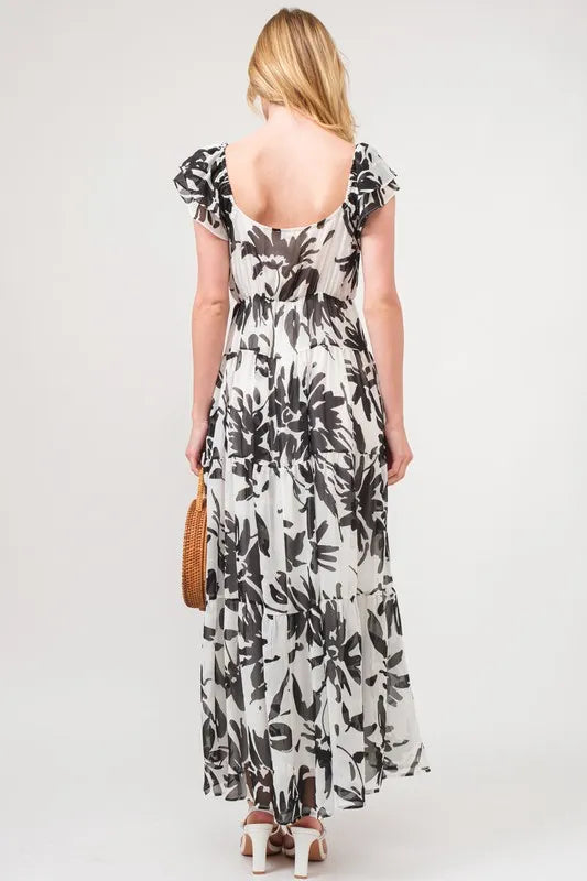 Black Cream And The Why Ruffled Sleeve Tiered Floral Print Maxi Dress