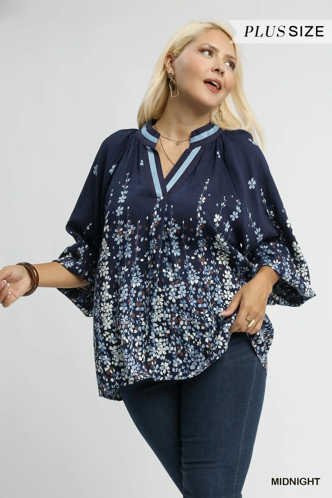Umgee Full Size Floral Vine Print Blouse With Balloon Sleeves Plus Size 1
