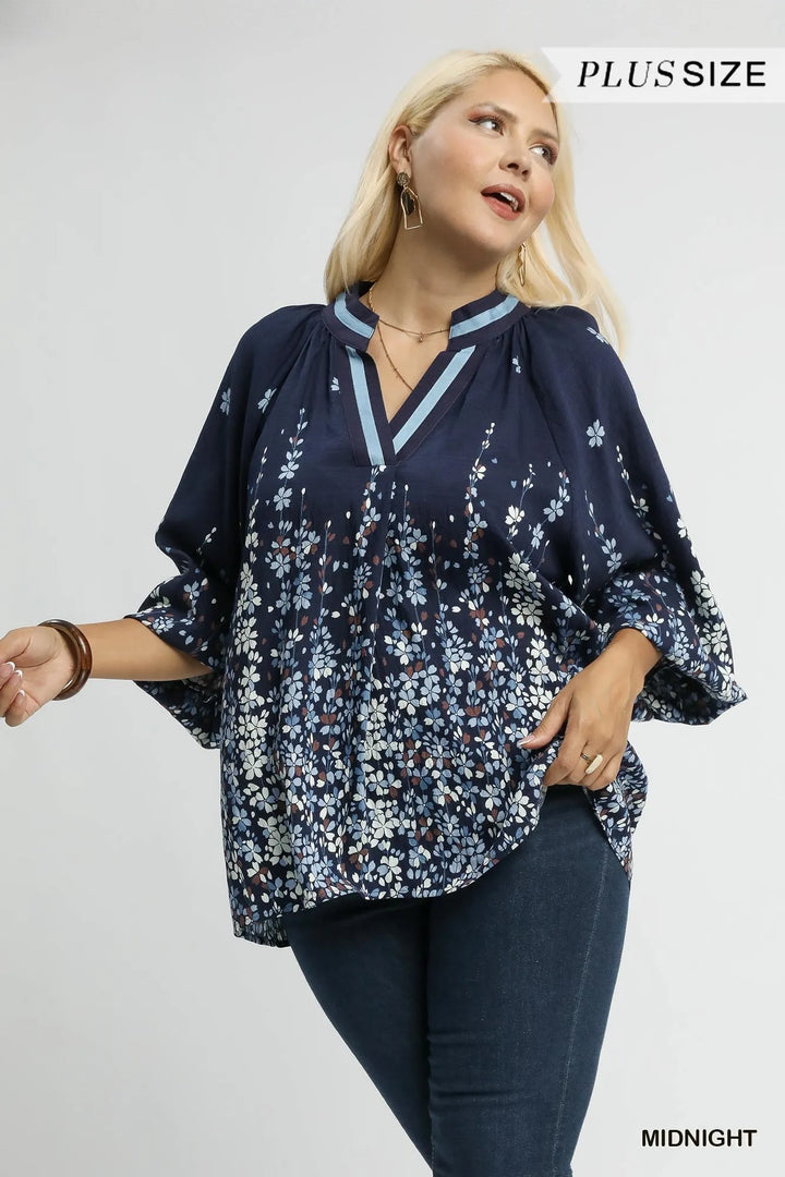Umgee Full Size Floral Vine Print Blouse With Balloon Sleeves Plus Size 1