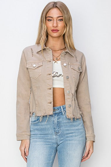 Khaki Risen Full Size Raw Hem Button Up Cropped Denim Jacket Plus Size