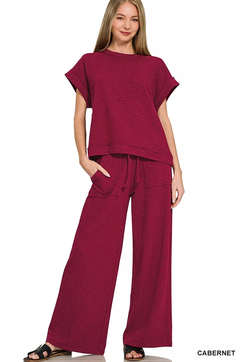 Cabernet Zenana Cotton Slub Short Sleeve Tee And Pants Set 3