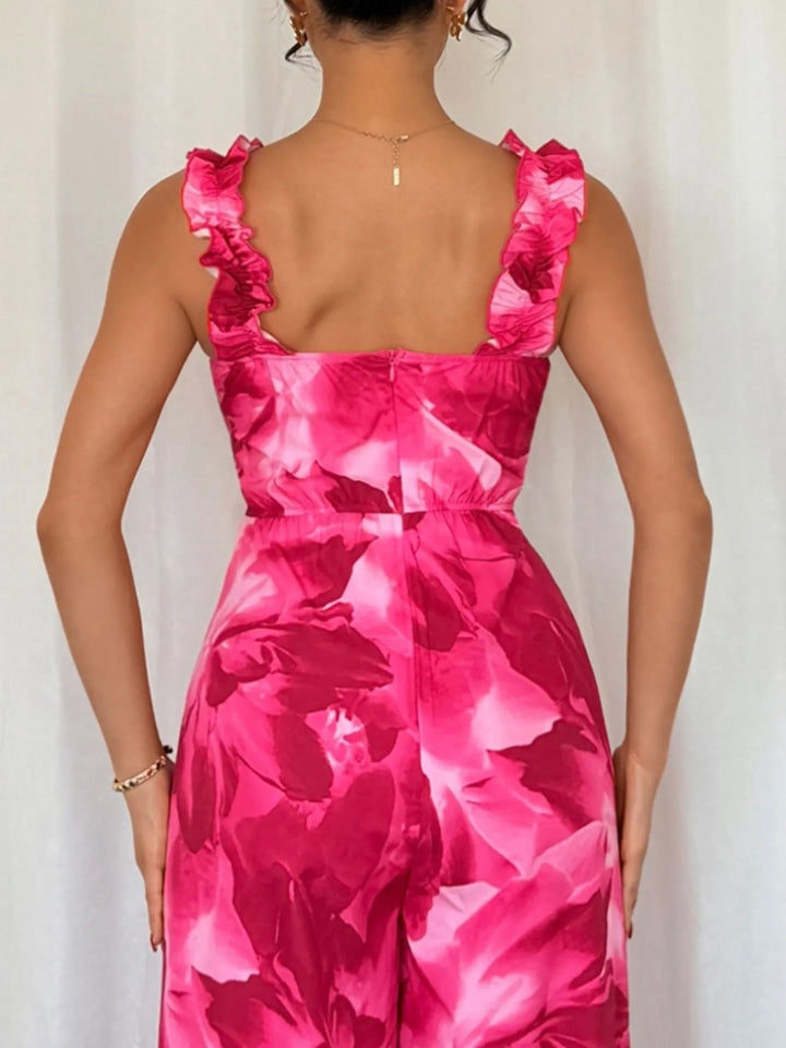 Hot Pink Floral Print Square Neck Wide Leg Jumpsuit