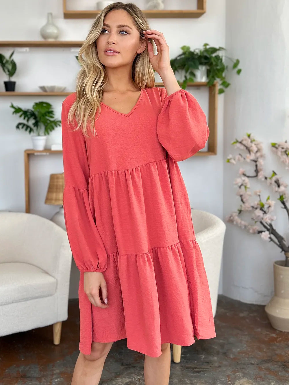 Black Double Take Full Size V Neck Balloon Sleeve Tiered Dress With Pockets