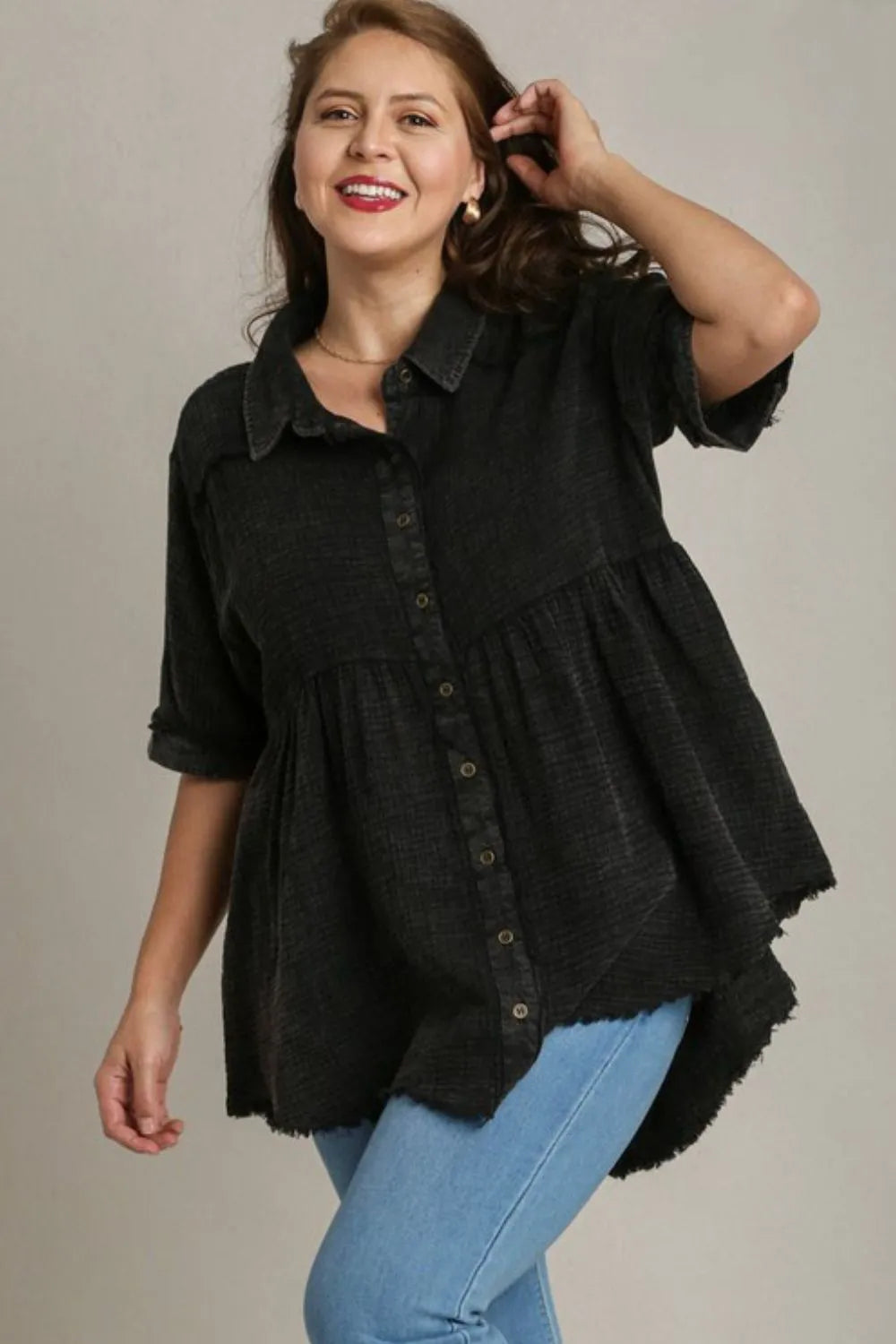 Black Umgee Full Size Cotton Gauze Button Front Shirt Plus Size