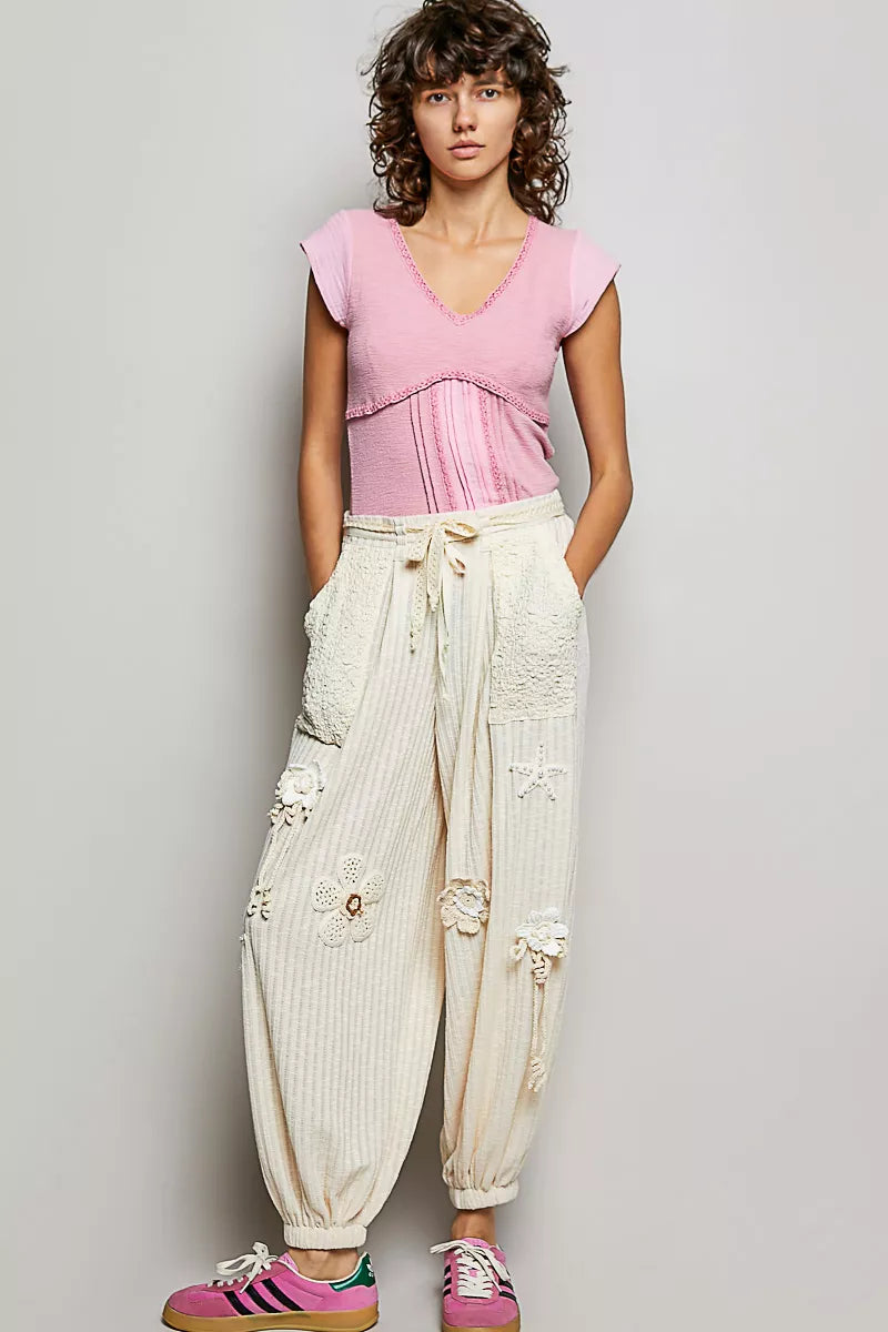 Pol V Neck Lightweight Textured Short Sleeve Knit Top With Lace Trim