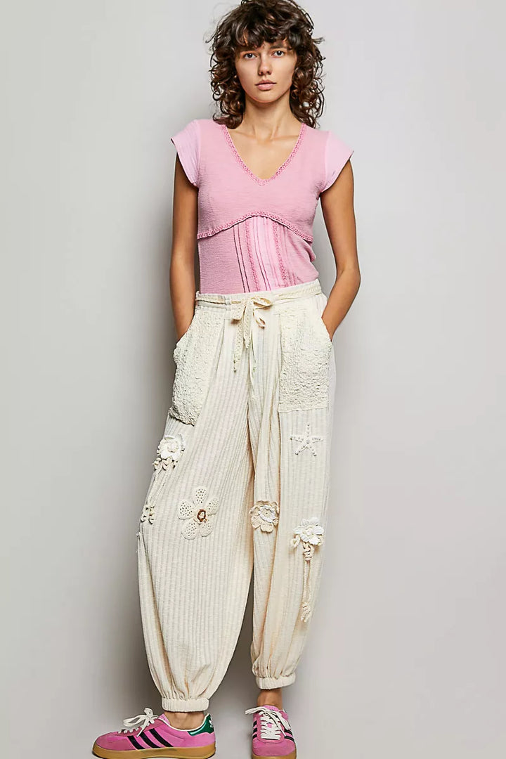 Pol V Neck Lightweight Textured Short Sleeve Knit Top With Lace Trim