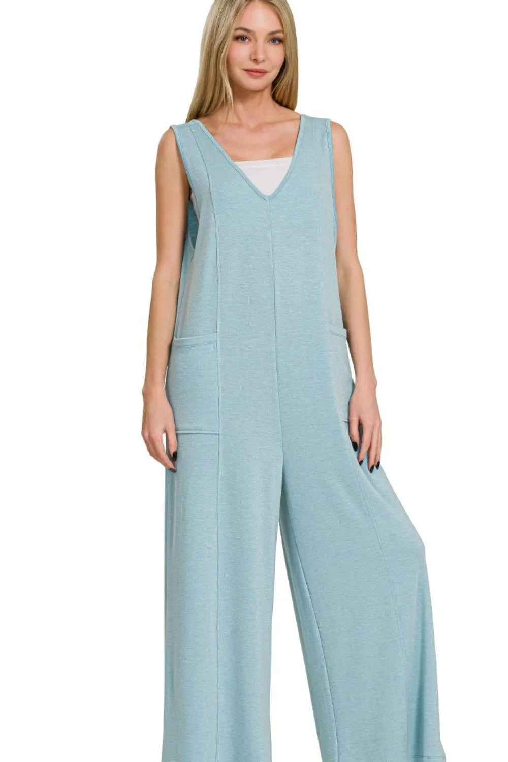 Dusty Teal Zenana French Terry Deep V Neck Jumpsuits