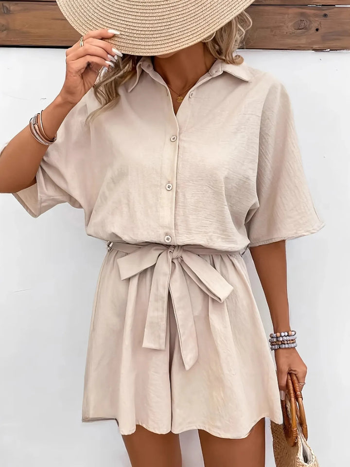 Khaki Button Front Tie Waist Romper
