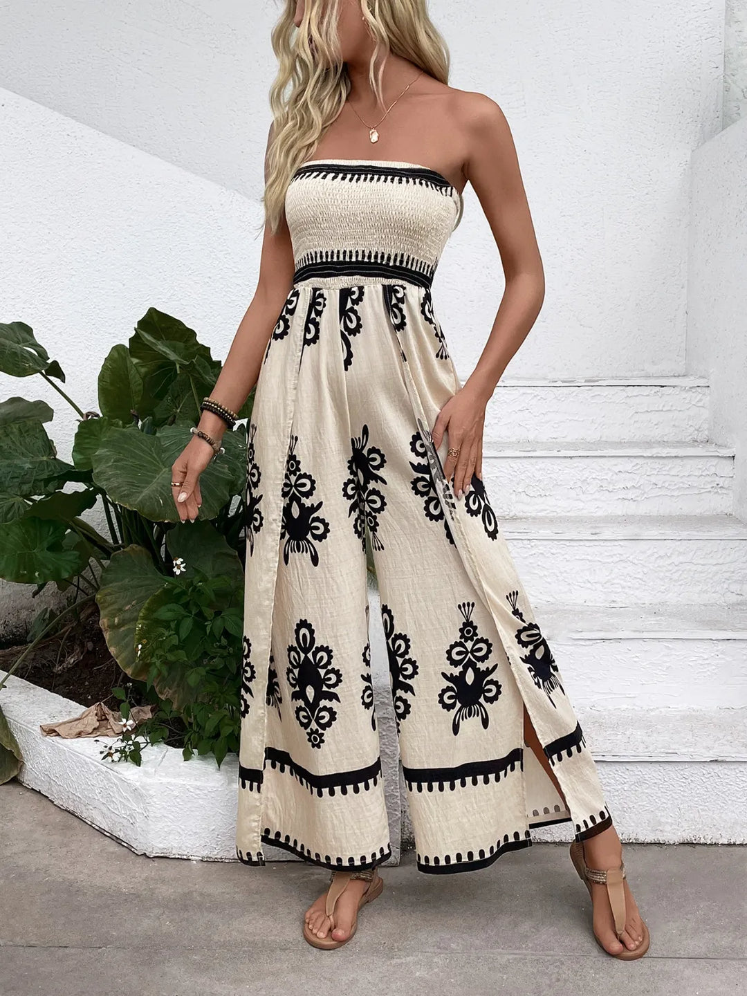 Beige Smocked Printed Wide Leg Jumpsuit