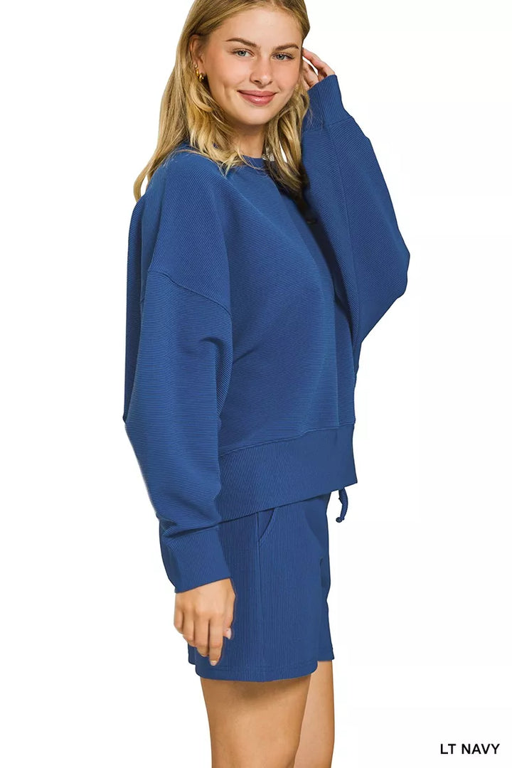Lt Navy Zenana Ribbed Round Neck Pullover And Shorts Set