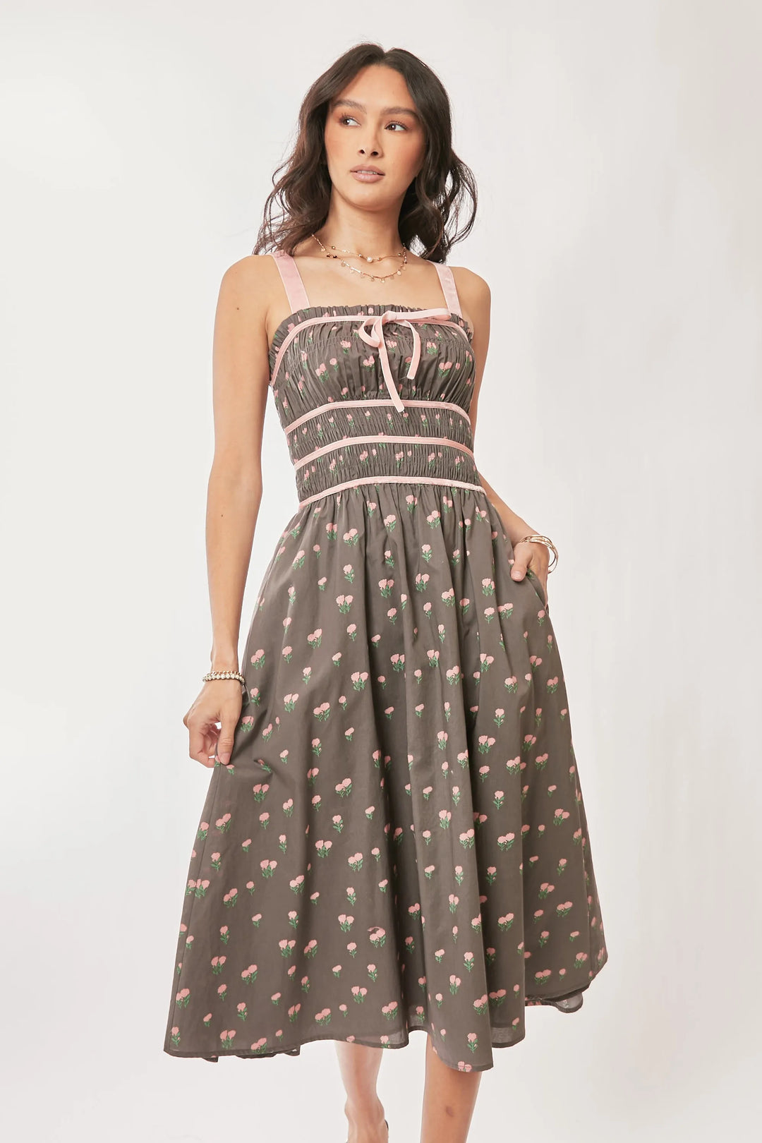 Davi Dani Contrast Velvet Tape Smocking Bodice Midi Dress 1