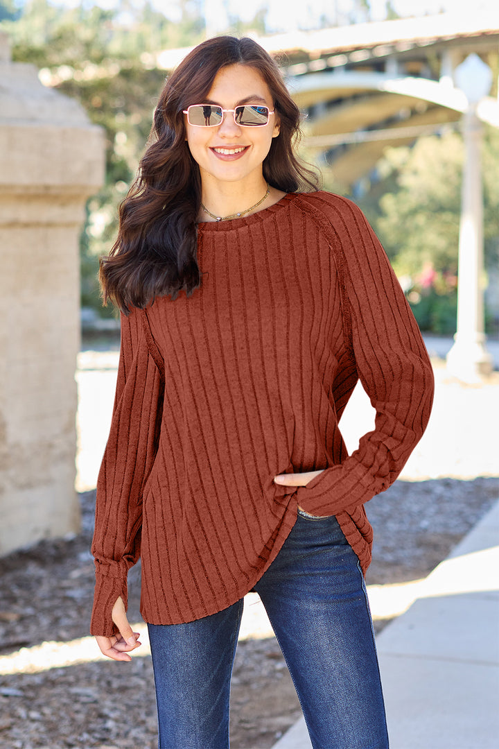 Khaki Basic Bae Full Size Ribbed Round Neck Long Sleeve Knit Top