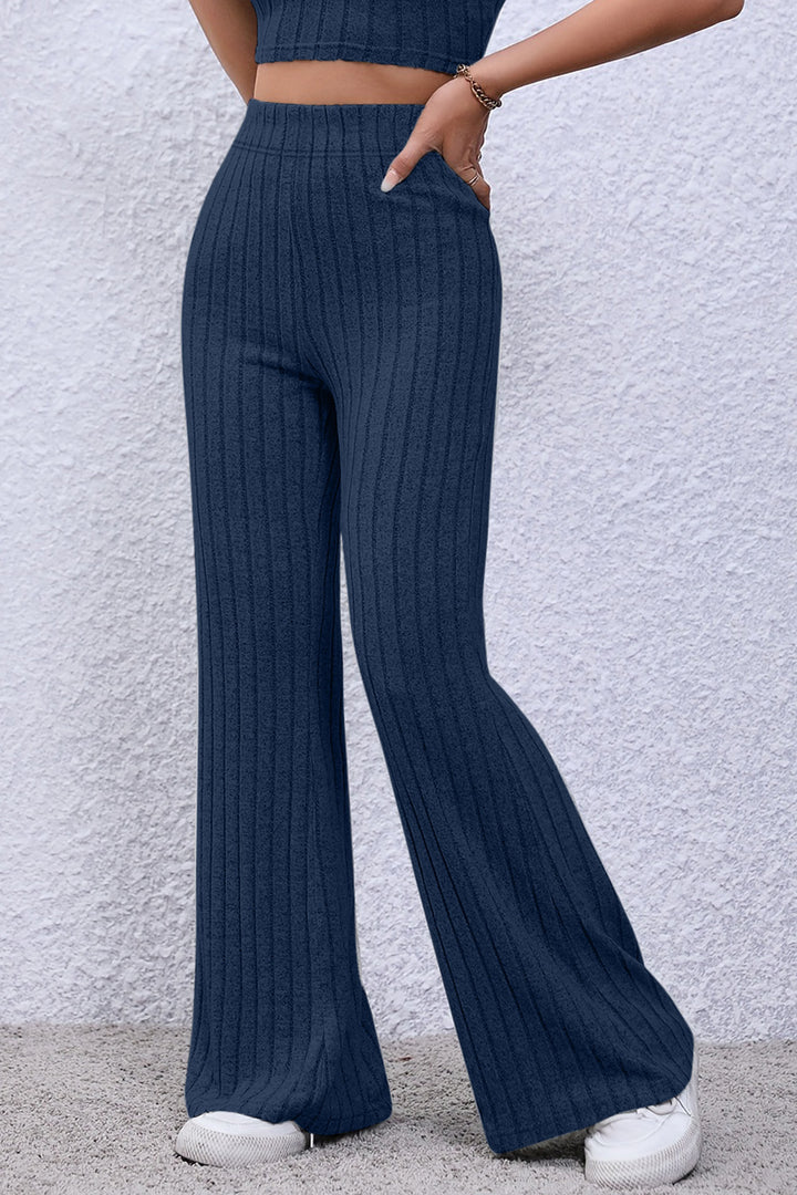 Dark Blue Basic Bae Full Size Ribbed High Waist Flare Pants