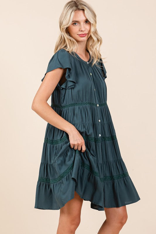 Deep Teal Mittoshop Lace Detail Ruffled Button Down Tiered Dress