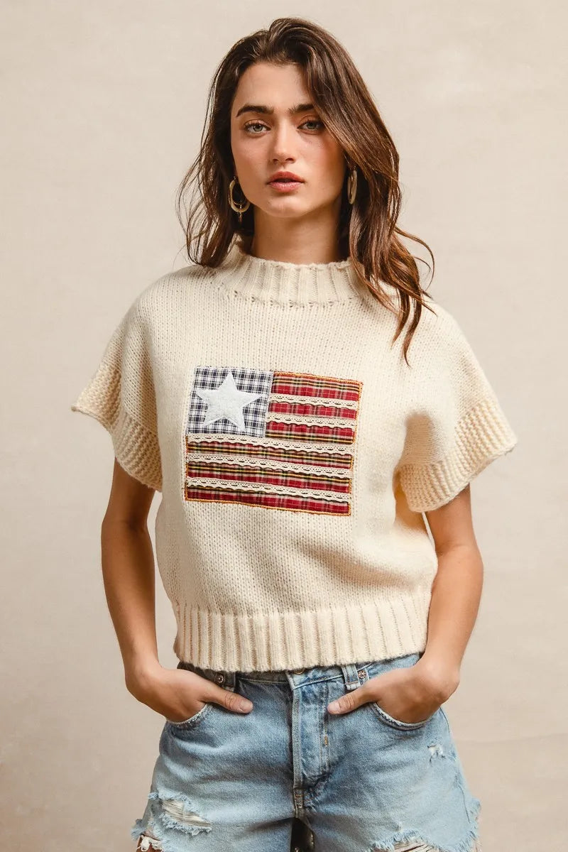Bibi American Flag Patchwork Drop Shoulder Sweater