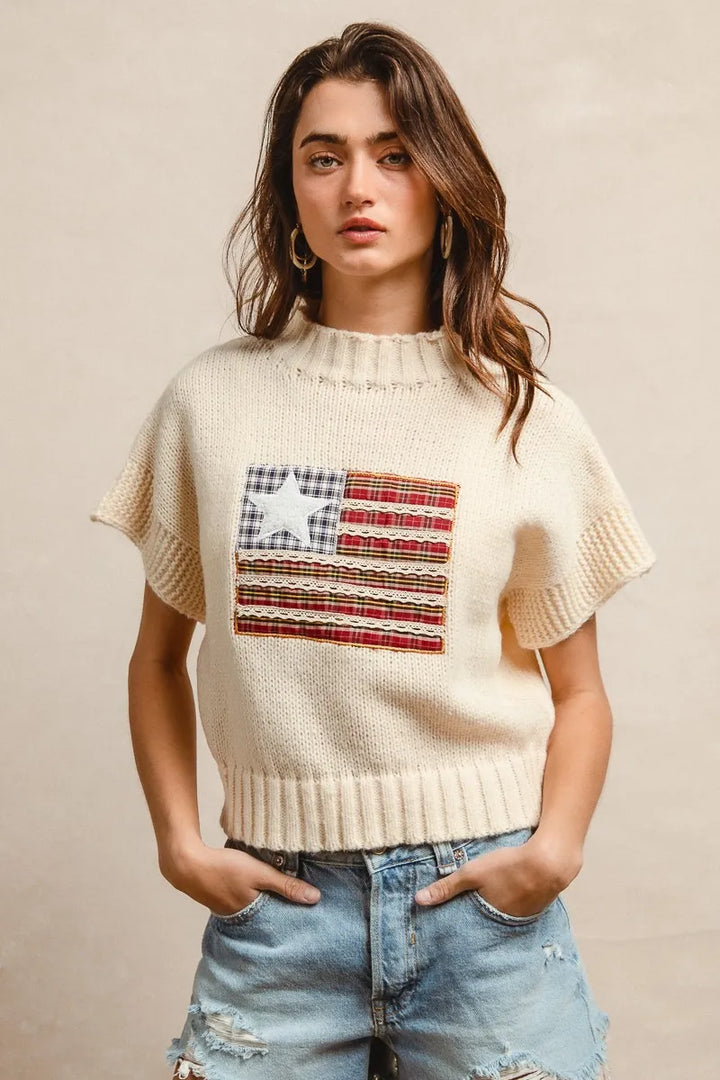 Bibi American Flag Patchwork Drop Shoulder Sweater