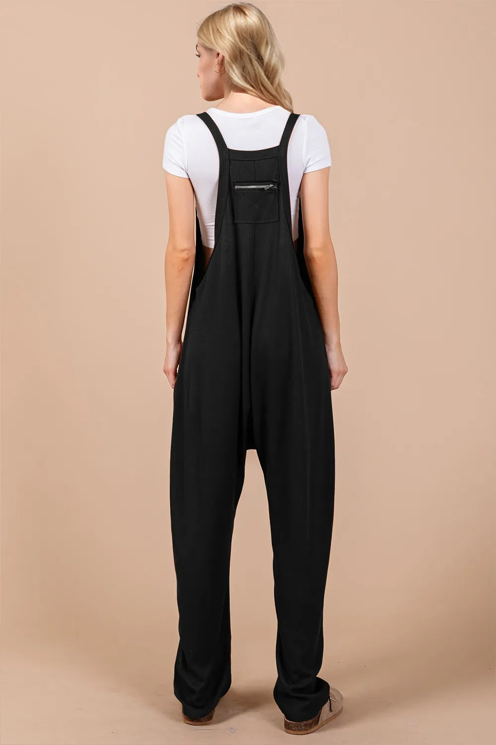 Black Oh Full Size V Neck Wide Strap Overalls With Pockets