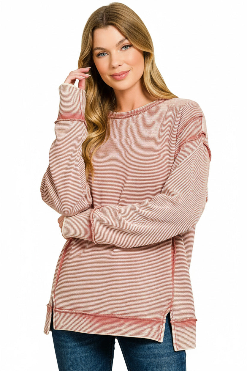 Winter Rose Zenana Acid Washed Double Ribbed Exposed Seam Sweatshirt 4