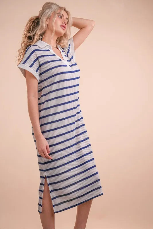 White/Navy Very J Oversized Collared Striped Knit Midi Dress