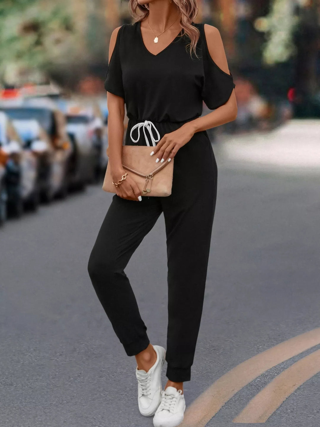 Black Cold Shoulder V Neck Drawstring Waist Jumpsuit