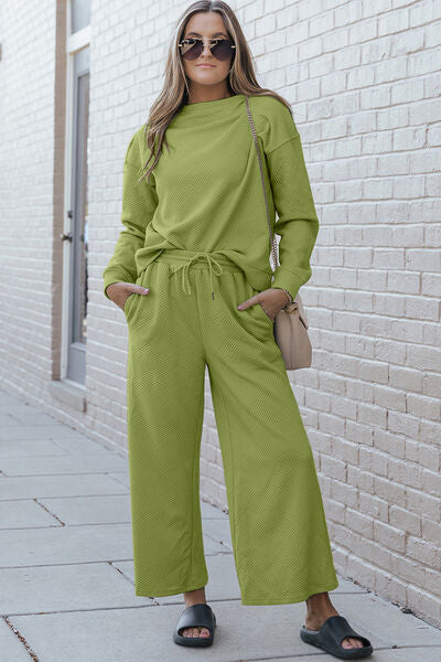 Brown Double Take Full Size Textured Long Sleeve Top And Drawstring Pants Set