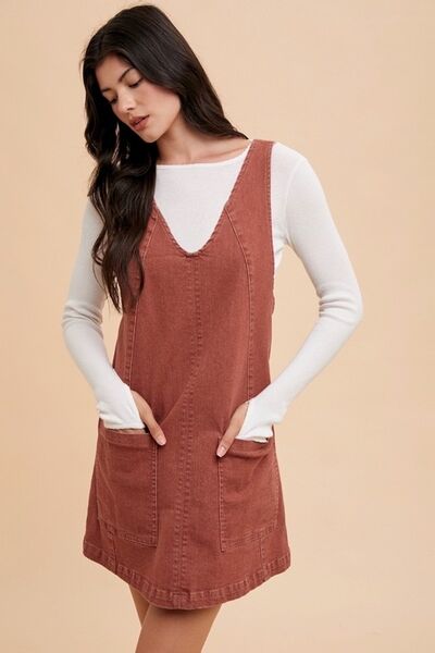 Rust Annie Wear V Neck Adjustable Strap Denim Overall Dress With Pockets