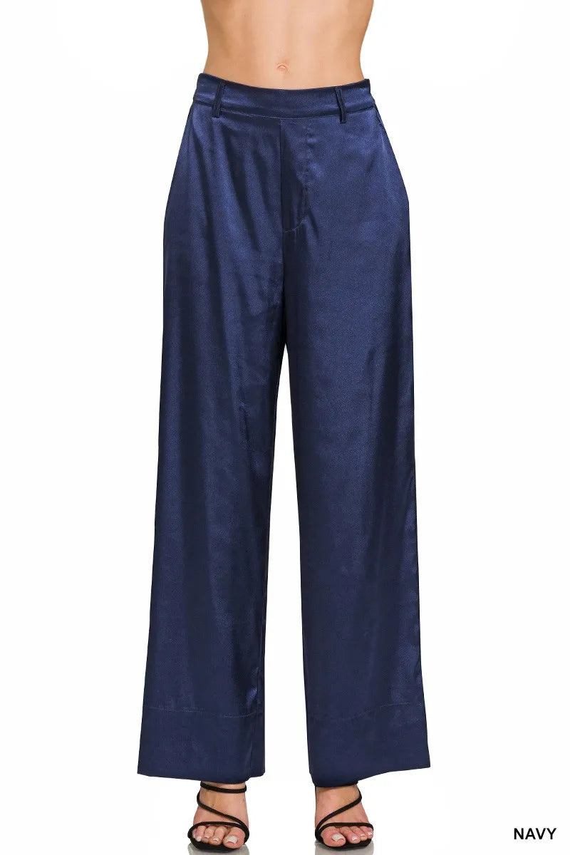 Navy Zenana Wide Leg Satin Pants