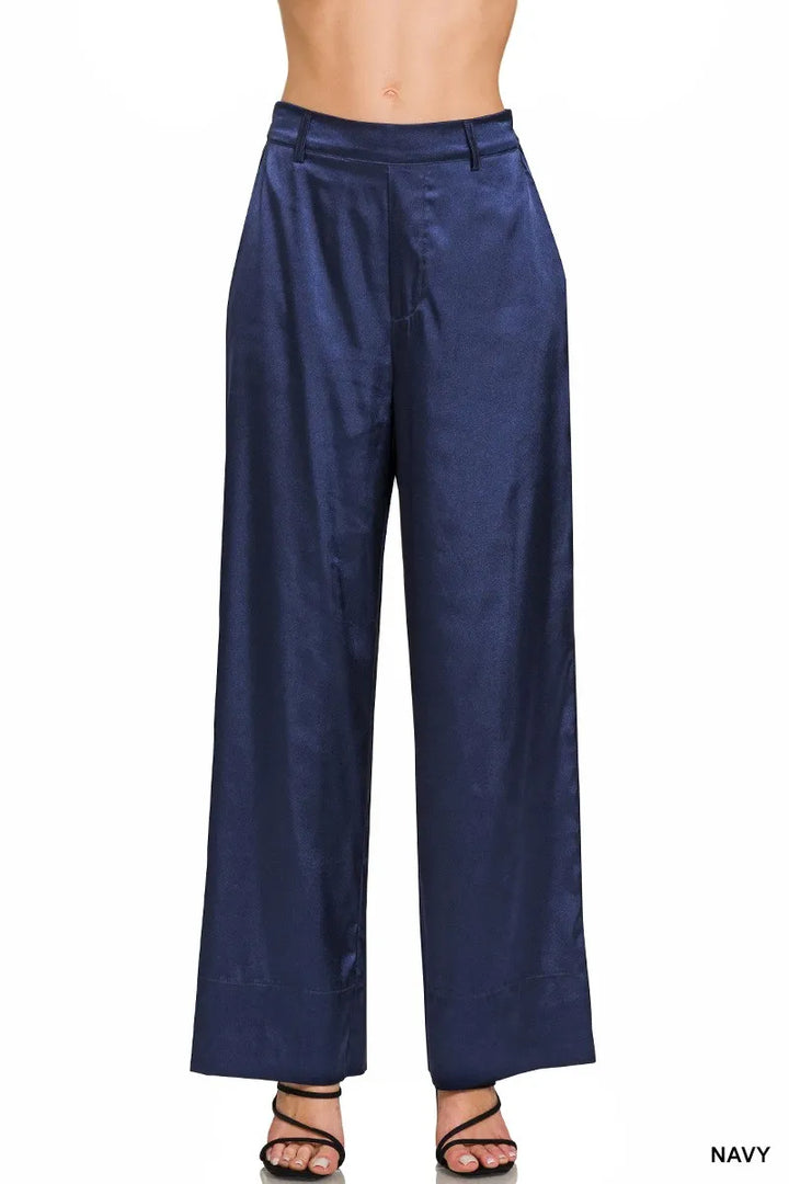 Navy Zenana Wide Leg Satin Pants