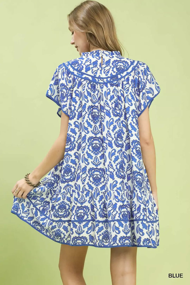 Blue Umgee Abstract Print Babydoll Mini Dress