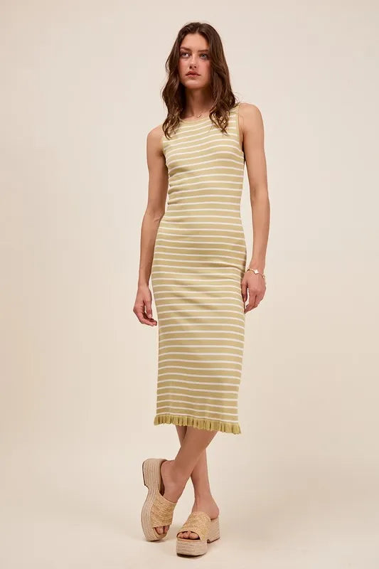Sage/Off White So Me Stripe Sleeveless Sweater Knit Maxi Dress With Ruffled Hem 2