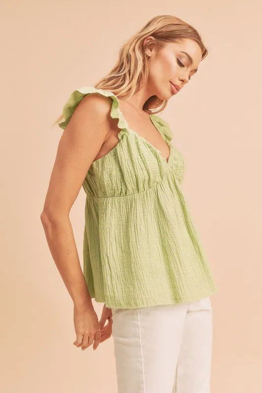 Yellow-Green Aemi Co Sweetheart Neck Ruffled Strap Top 1