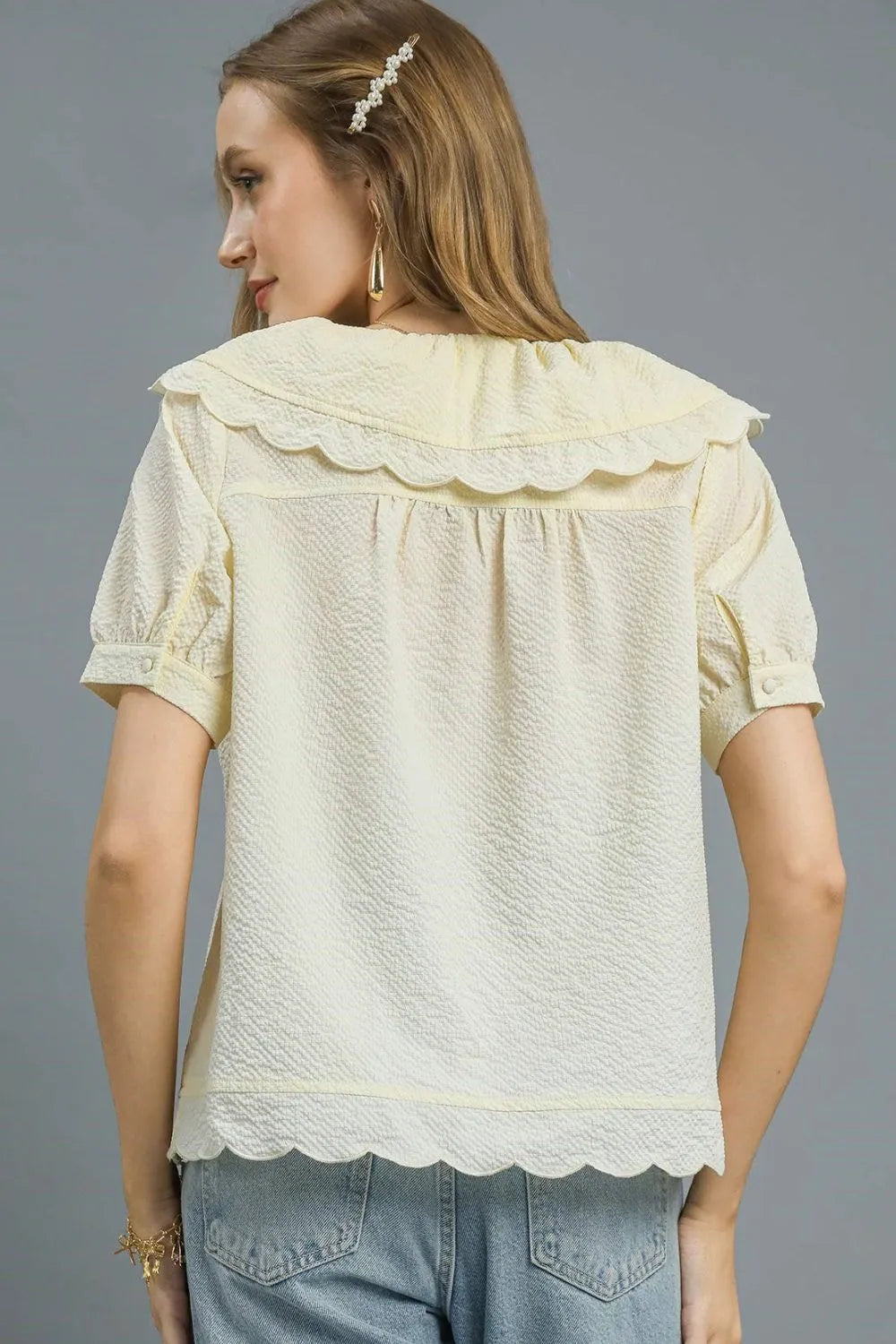 Cream Umgee Peter Pan Collar Short Sleeve Blouse