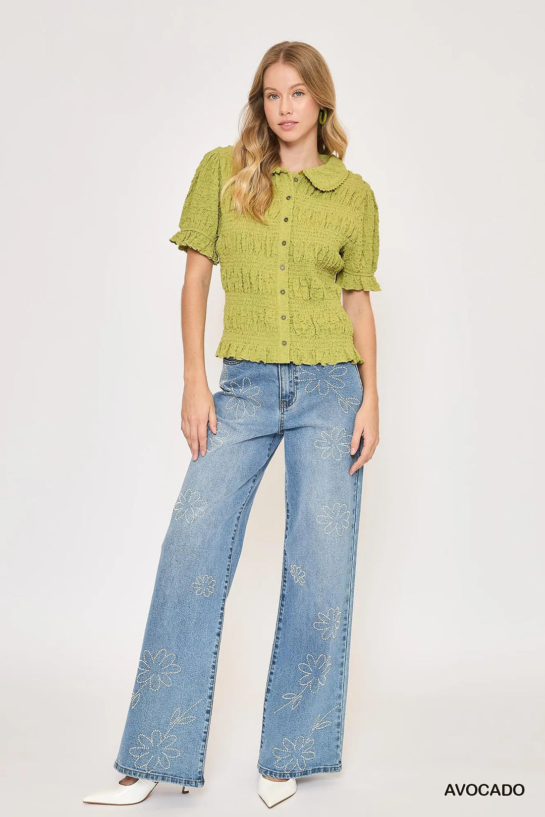 Avocado Umgee Smocked Short Sleeve Button Front Shirt With Peter Pan Collar