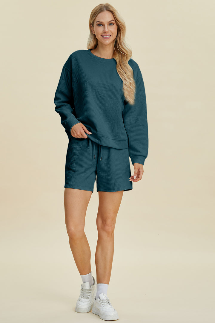 Peacock  Blue Double Take Full Size Texture Round Neck Long Sleeve Top And Shorts Set