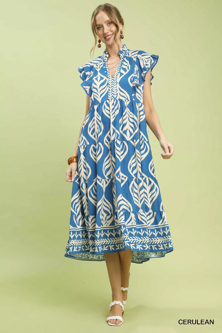 Cerulean Umgee Leaf Print Tiered Midi Dress With Pockets
